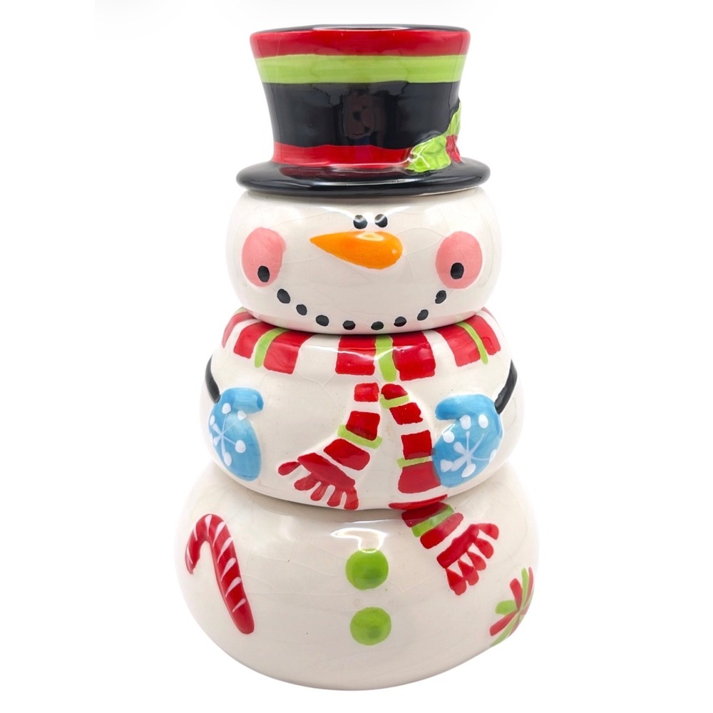 Pier 1 Stacking Ceramic Snowman Measuring Cups Christmas Candy Snack Bowls Set
